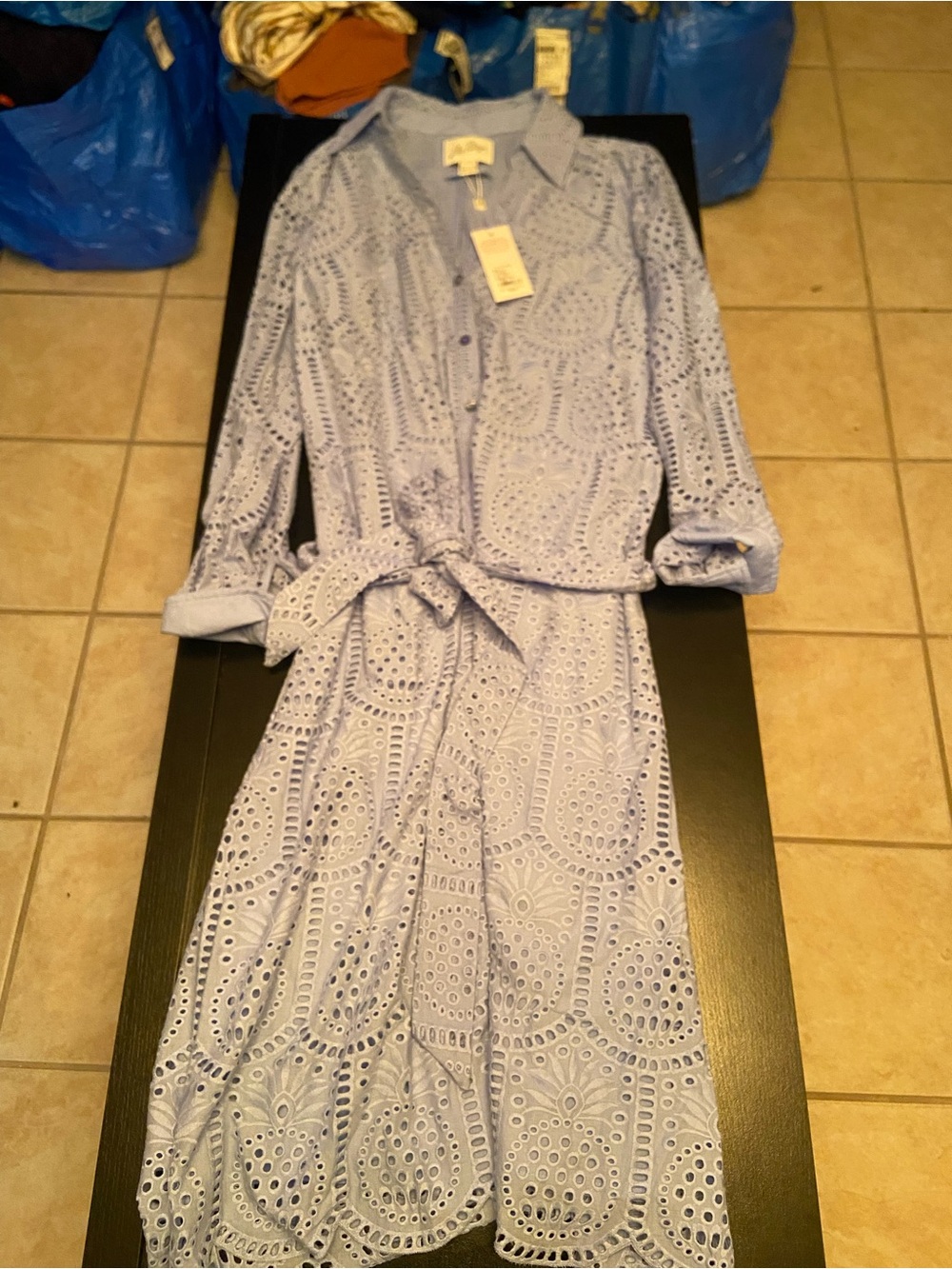 Lilly Pulitzer Light Blue Eyelet Maxi Shirt Dress with Tie Waist